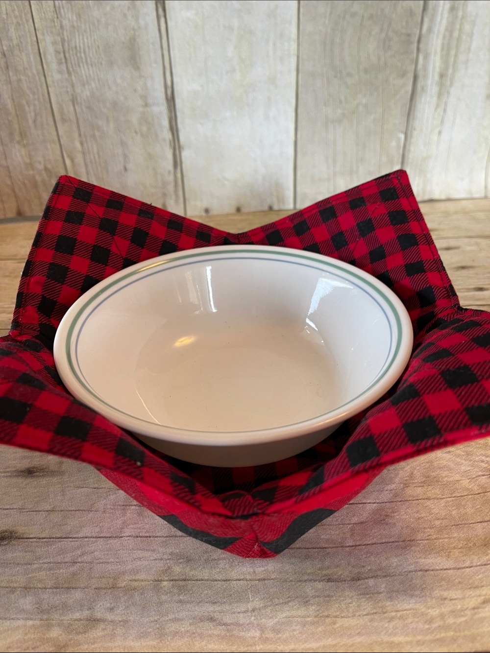 Microwave /Ice Cream Bowl Cozy Red & Black Buffalo Check Reversible Cotton Bowl